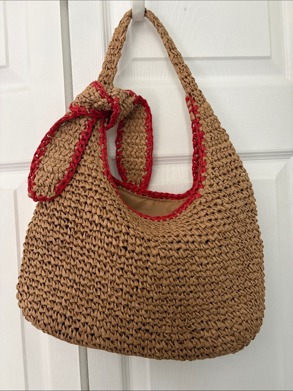 Urban Expressions Woven Straw Shoulder Bag with Red Trim - Picture 3 of 6